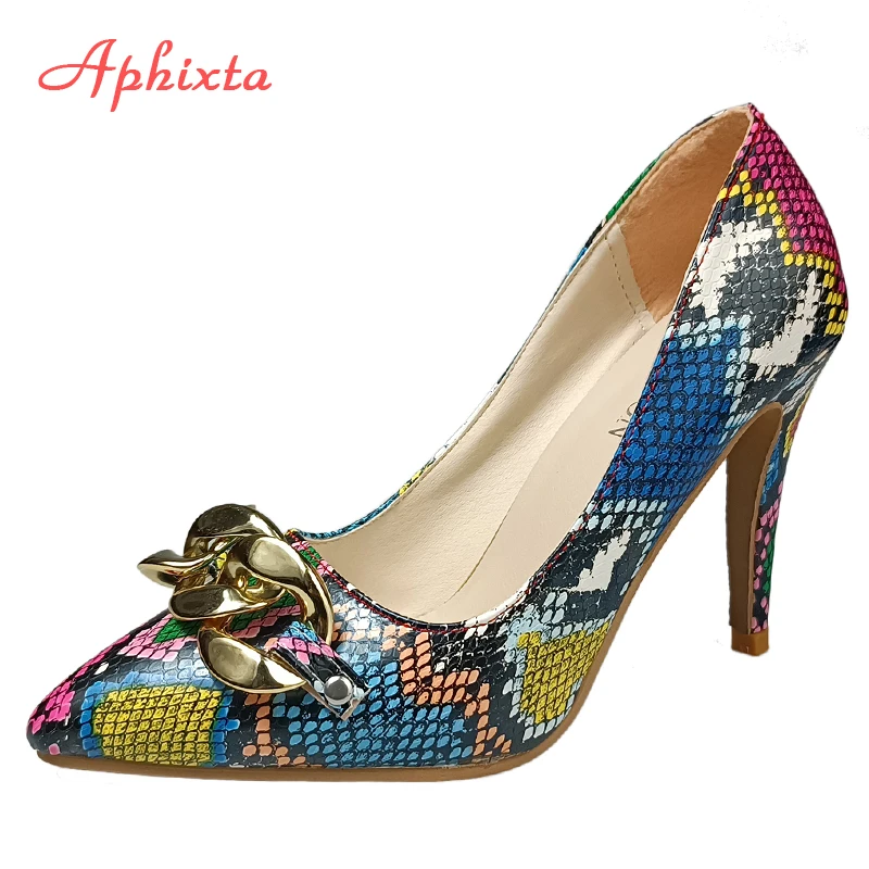 Aphixta 2022 Spring Gold Chain Pumps Women Shoes 10cm 3.94Inch Thin Heels Snak Prints Office Ins Style Shoes Super Plus Size 50