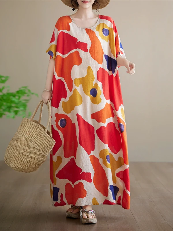 

Loose Large Size Cotton Linen Short Sleeve Batwing Sleeve Long Dress round Neck Floral Print Citywalk Summer Thin Short Sleeve