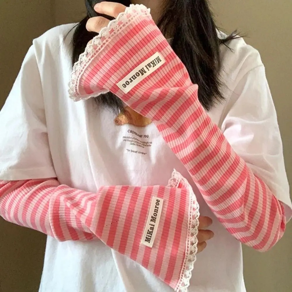 

Sun Protection Ice Silk Arm Sleeves Stripe Lace Sunscreen Thin Long Glove Long Breathable Summer Sunscreen Sleeves Cycling