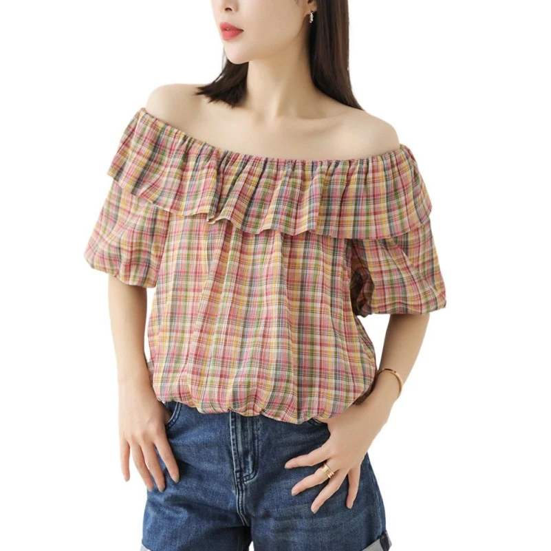 

Summer Cotton New 2024 Girlish Lotus Collar Vintage Plaid Cropped Tops Half Sleeves Loose Lovely Prairie Chic Shirts Blouses