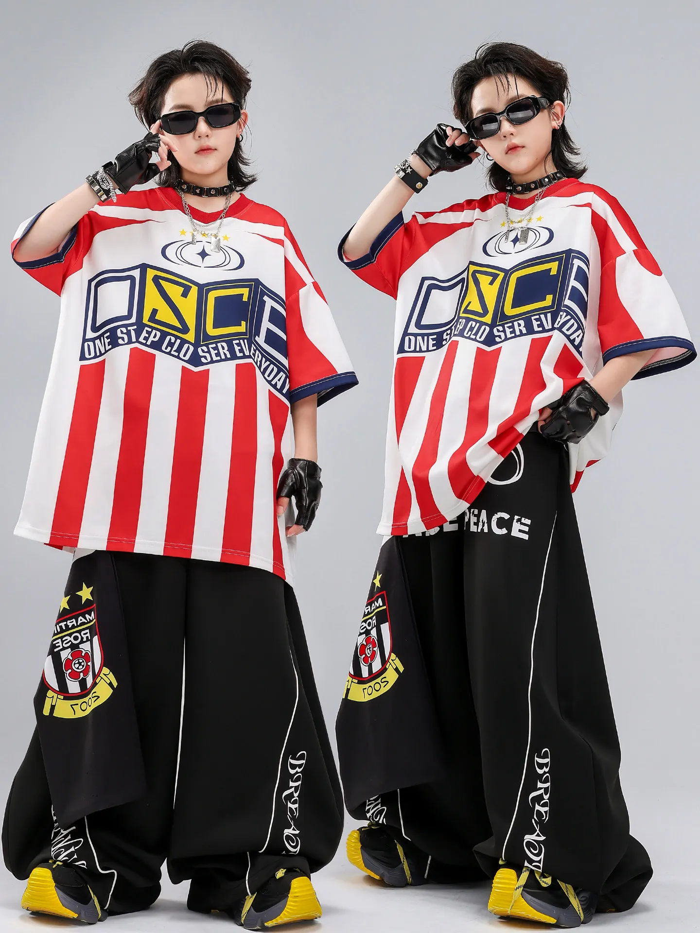 Conjunto de roupa infantil para performance de dança de rua, hip hop, meninos, listras vermelhas e brancas, manga curta, roup...