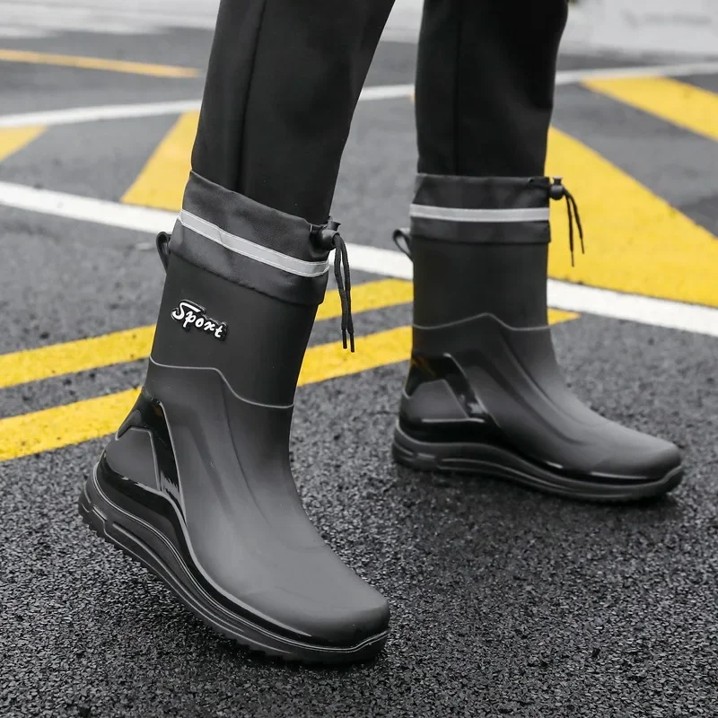 Fashionable Cross-Border Men's Rain Shoes Mid-Calf Non-Slip Adult Fleece-Lined Water Boots For Car Washing Kitchen Work