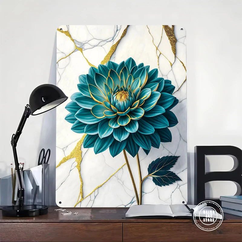 Opulent Dahlia: Teal and Gold Bloom on Marble Tinplate Poster Customized Wall Art Retro Vintage Metal Signs for Fans Man Cave