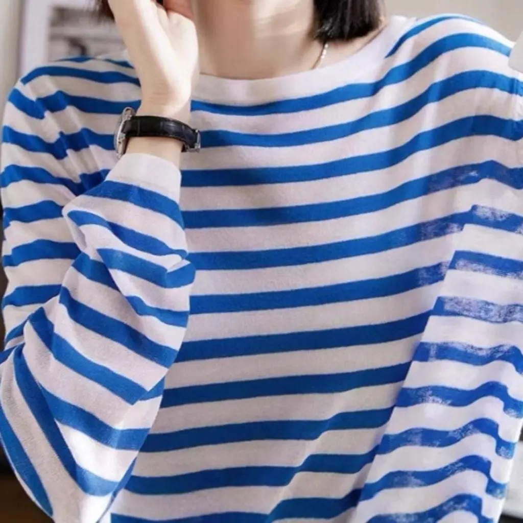 

New Coastline Celestial Lazy Striped Knitted Shirt Spring Autumn Breathable Skin-Friendly Crewneck Long Sleeve Women's Fashion