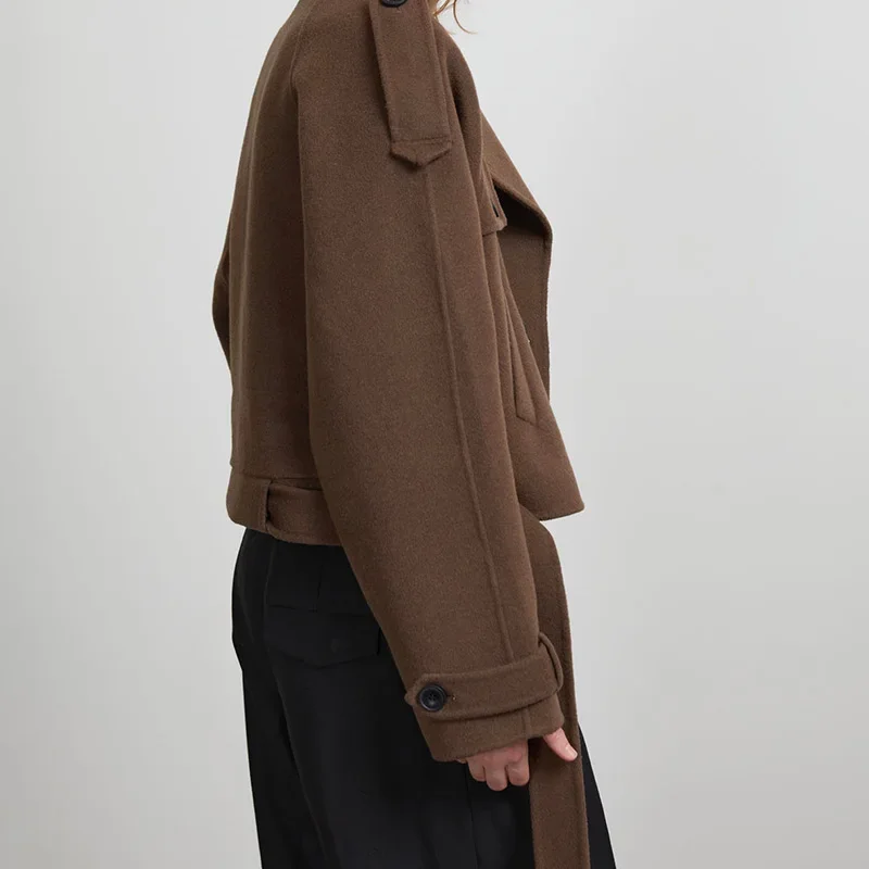 Autumn Brown Retro Woolen Coat Turn-down Collar Casual Jacket New Fashion Slim Fit Woolen Coat 2024 High Street Lady Outerwear