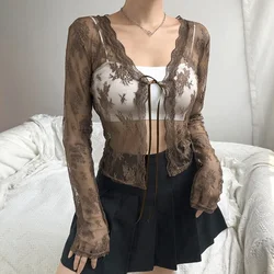 American Sexy Lace See Through Cardigan Mujer V-neck Crop Top Slim Fit Tops Women Y2k E-Girl Long Sleeve All-match Shirts