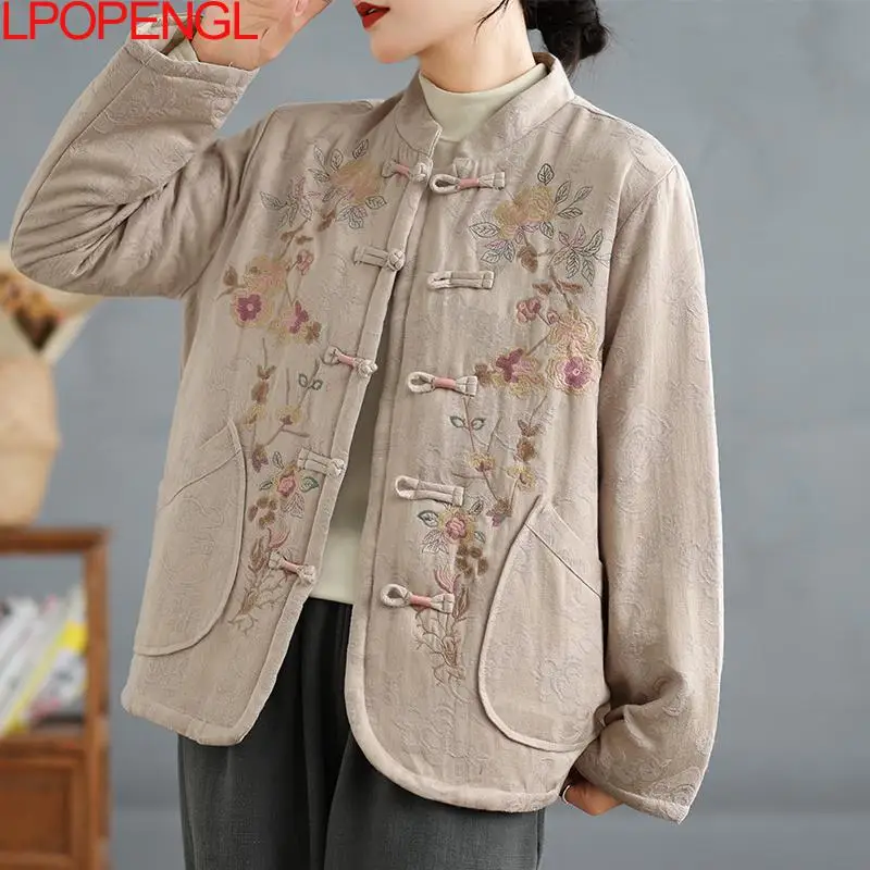 2024 Autumn And Winter New Ethnic Style Jacquard Embroidered Padded Jacket Single-breasted Warm Retro Long Sleeves Cotton Coat