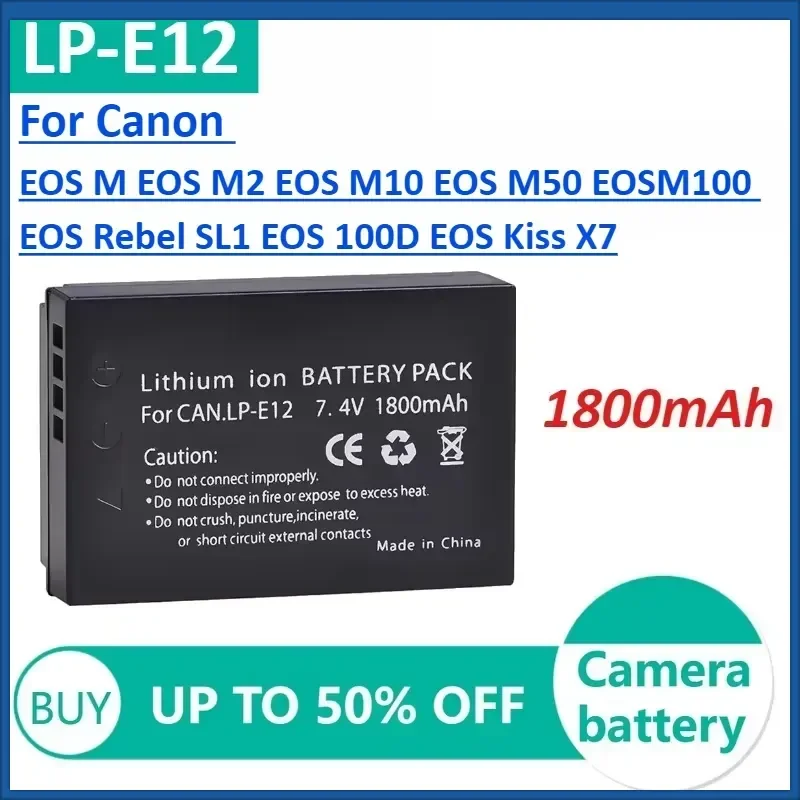 1800mAh LP-E12 Li-ion Battery for Canon EOS M2 M10 M50 M100 Rebel SL1 100D Camera Batteries