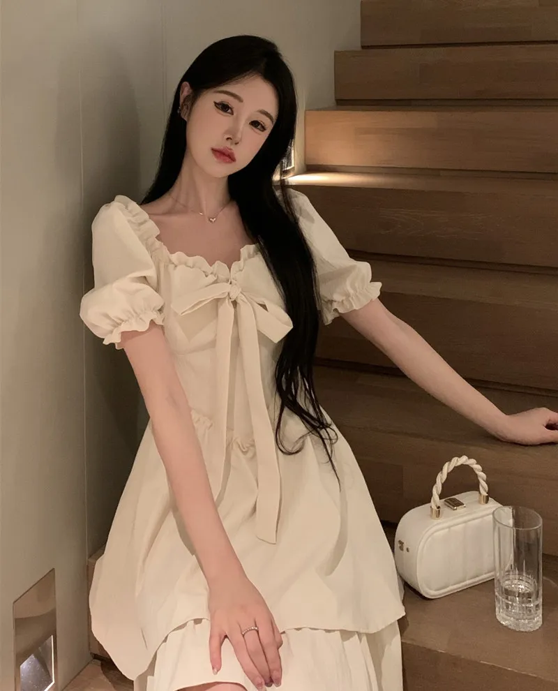 

plus Size Women's Gentle Style Bow Tie Wooden Bubble Sleeve Short Dress Summer New Slimming High-End Feeling Dress