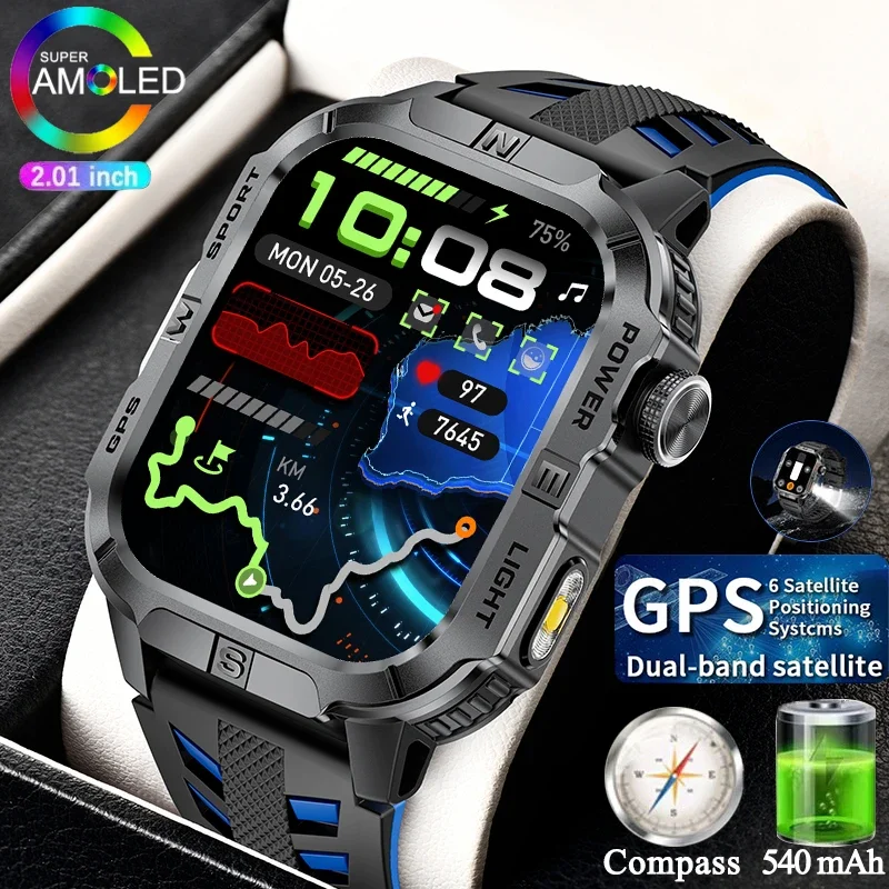 

Military GPS Compass Men Smart Watch LED Flashlight 2.01inch Health Monitor BT Call Waterproof Sports Smartwatch For Android iOS