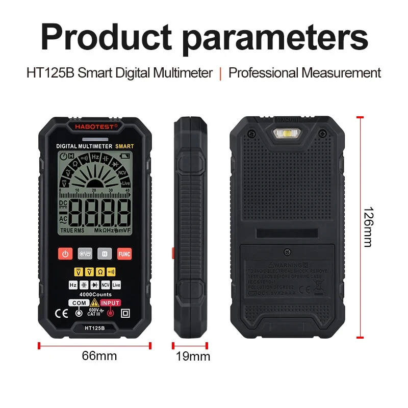 Automatic Multimetro HT125A/HT125B Digital Multimeter AC DC 600V Voltage 4000 Counts Professional Multimeter Tester Wiring Check