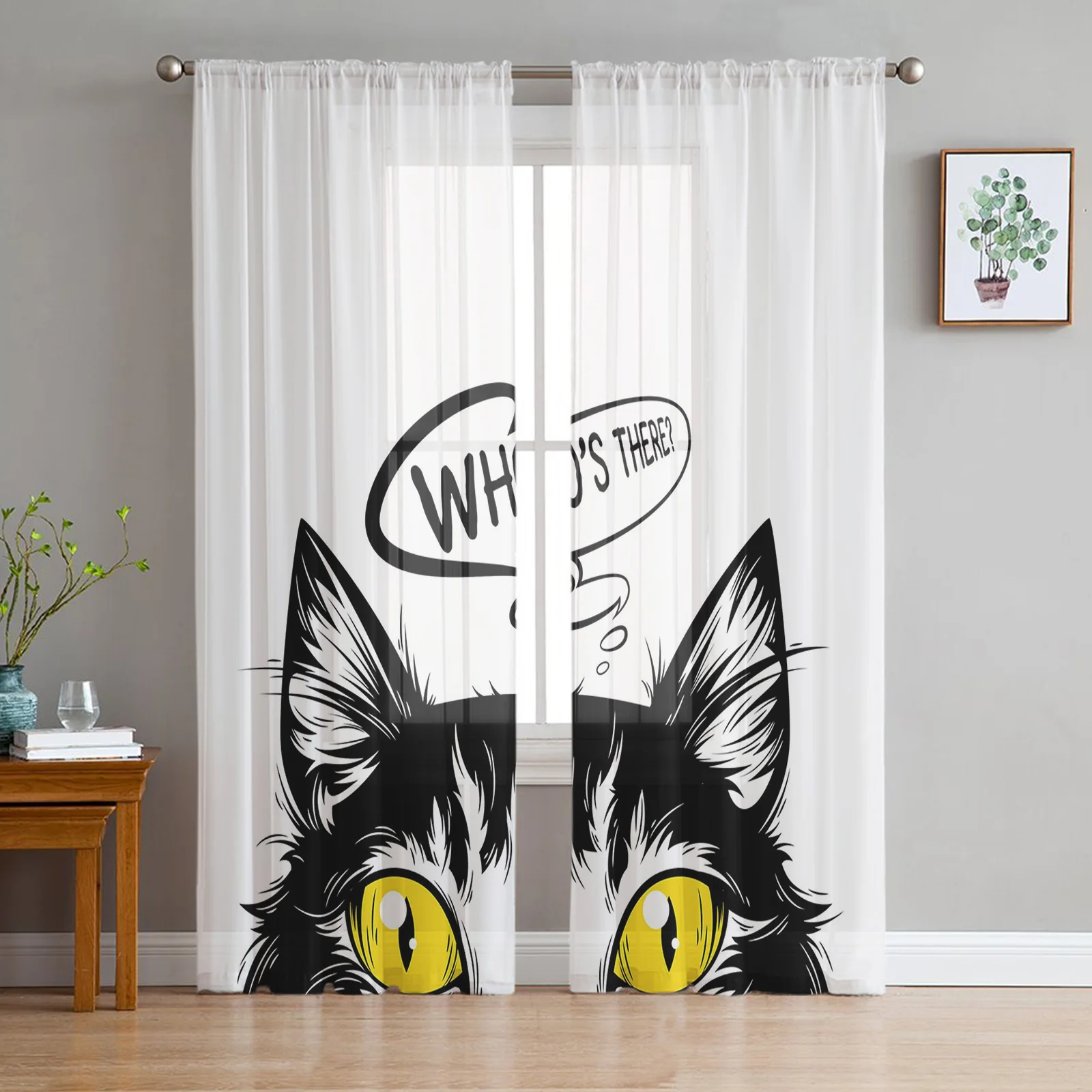 Animal Cat Who Is There Bedroom Voile Tulle Curtains Hotel Home Decor Sheer Curtains for Living Room Chiffon Printed Drapes