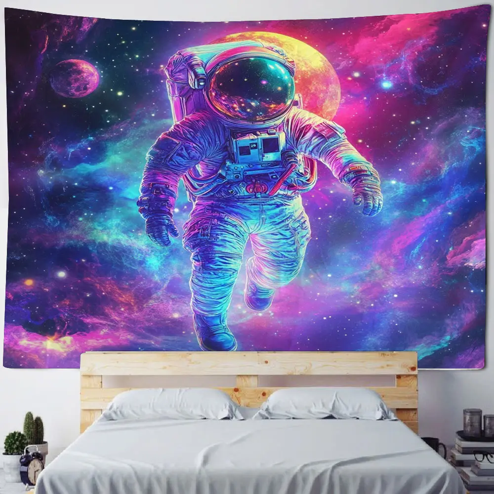 

Psychedelic astronaut, neon illustration, background decoration, tapestry, astronaut universe, starry sky decoration, tapestry