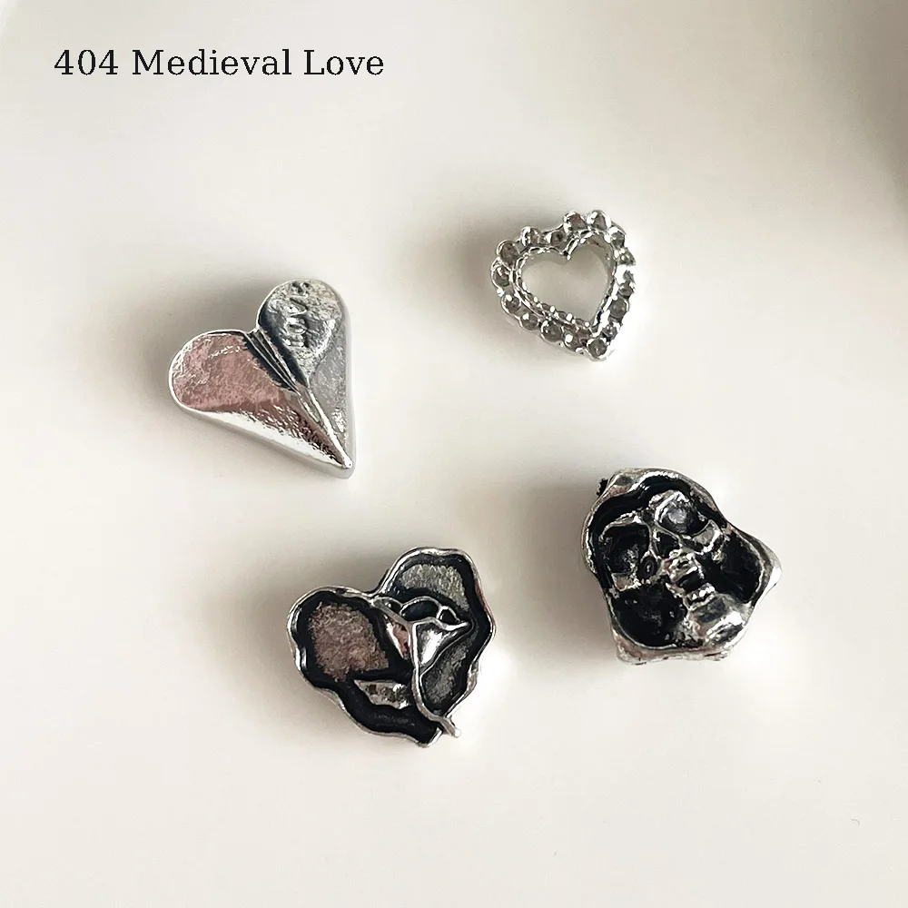 

-Medieval Love- Ancient Silver Nailfit Ornaments Vintage Dark Heart Shaped Alloy Love Shield Rose Heart Stamper Nail Charms 404