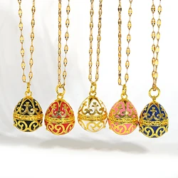 Enamel Easter Egg Pendant Necklace Carved Oval Lucky Egg Charm Stainless Steel Chain Party Jewelry Accessories Easter Ornament