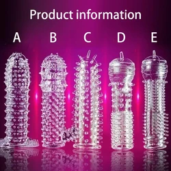 Extension Reusable Condom Penis Sleeve Male Enlargement Time Delay Spike Clit Massager Adult Sex Toys Cover Crystal Clear Condom