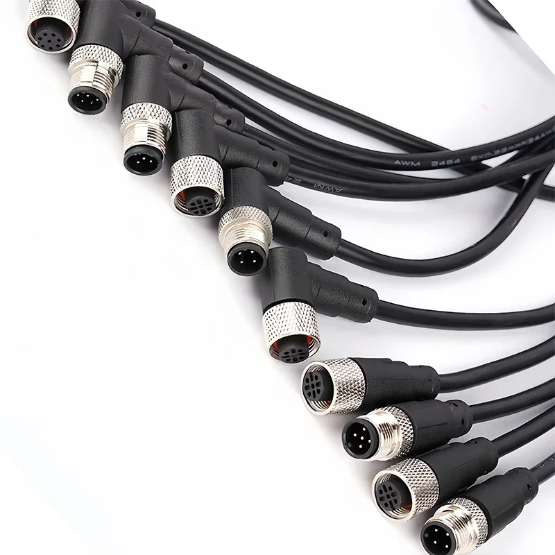 2M M12 Waterproof Sensor Cable, 4/5/8/12Pin Male Female Connector, IP67 PVC Molded for Industrial Automation
