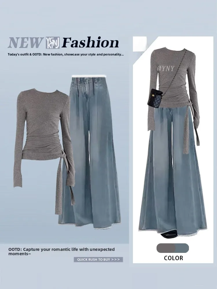 

Американский сле, антивозрастная модная футболка, топ, женские свободные универсальные джинсы, комплект из двух предметов, осенний повседневный круглый длинный S...