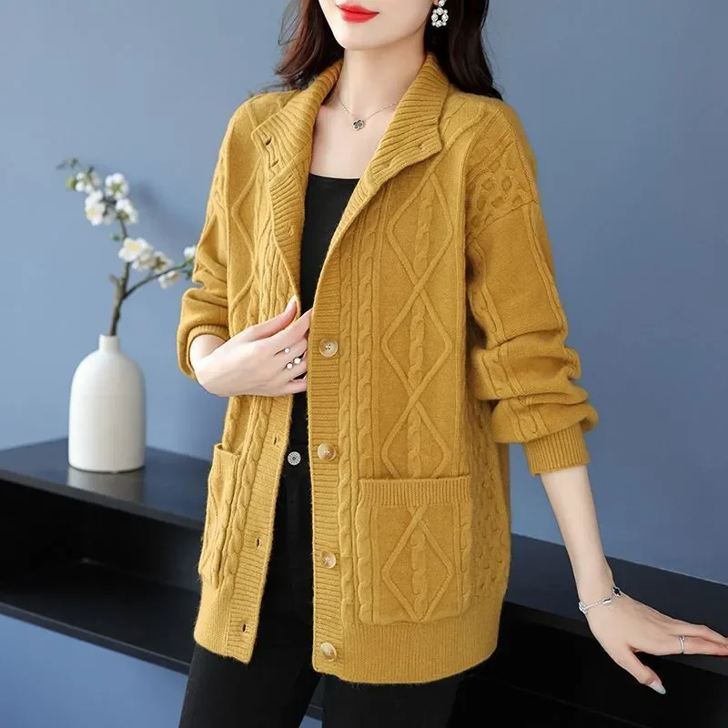 2025 Spring Autumnr New Half Turtleneck Knitted Cardigan Sweater Women Single-Breasted Pockets Sweaters Loose Jacket Female B820