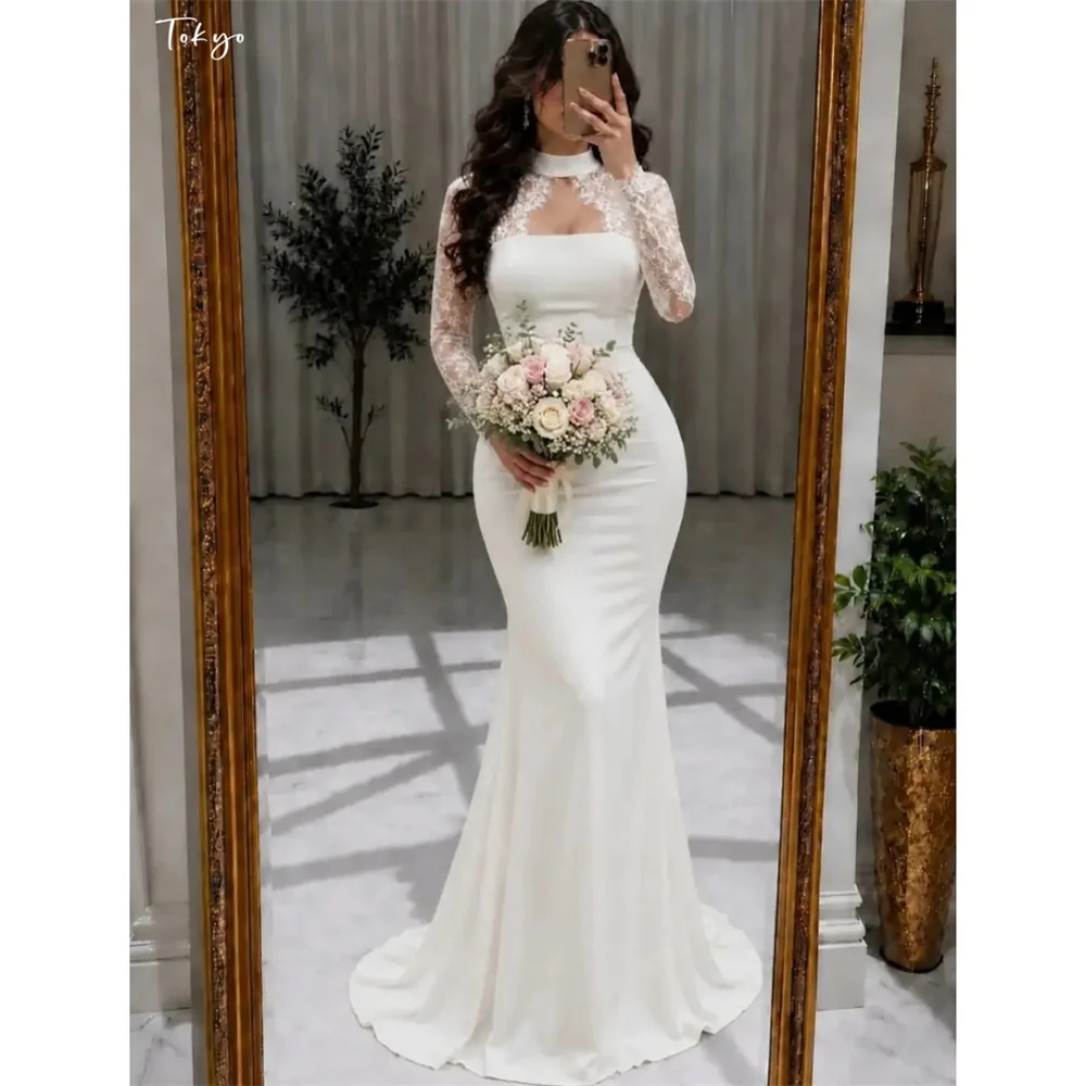 Tokyo Customized High Neck Cutout Lace Long Sleeve Wedding dress Prom dress Satin Floor-length Mermaid Dresses Evening dress