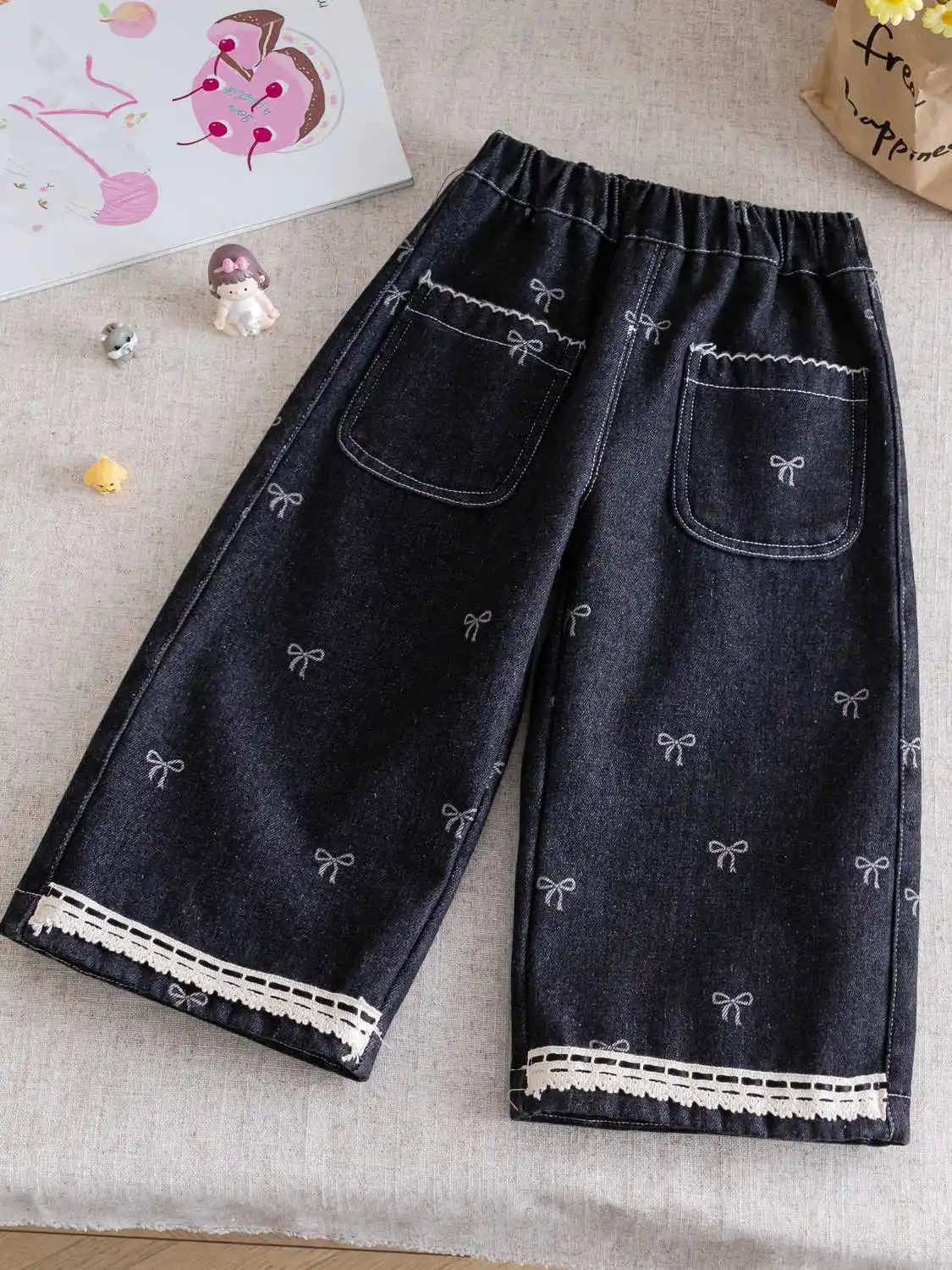 

Джинсы на подкладке для девочек, брюки с рюшами и вышивкой, повседневная зимняя одежда для детей