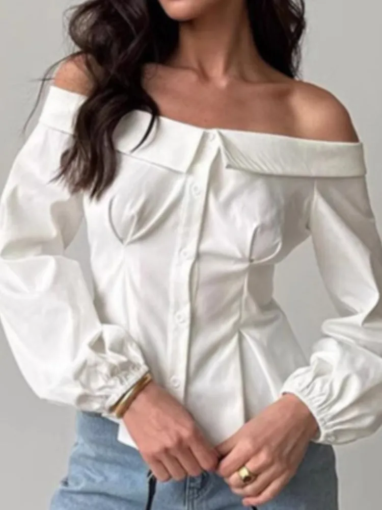 

Fashion White Shirt For Women Elegant Sexy Off Shoulder Slash Neck Long Sleeve Button Shirts Tops Lady Holiday Office Clothes