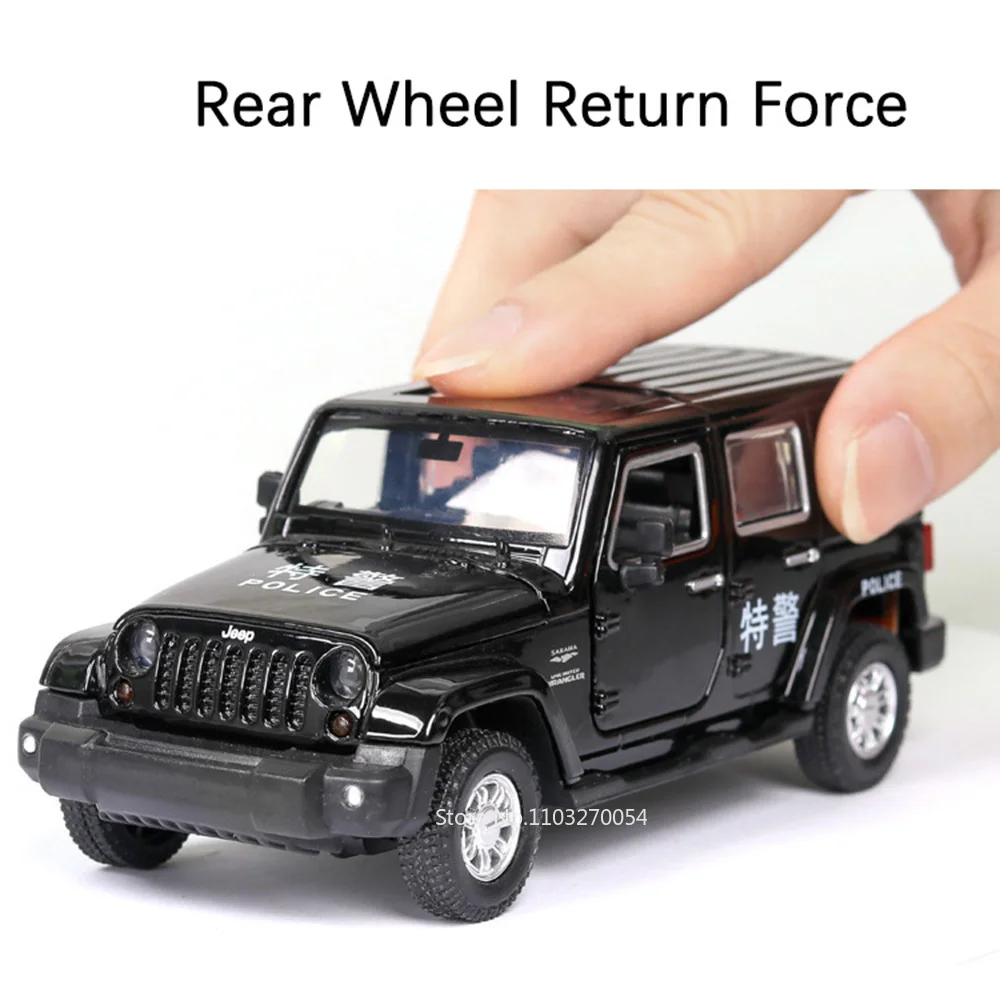 1:32 rubicon wrangler carros de polícia modelo brinquedo liga diecast portas abertas som luz puxar para trás metal corpo brinquedos modelos colecionáveis