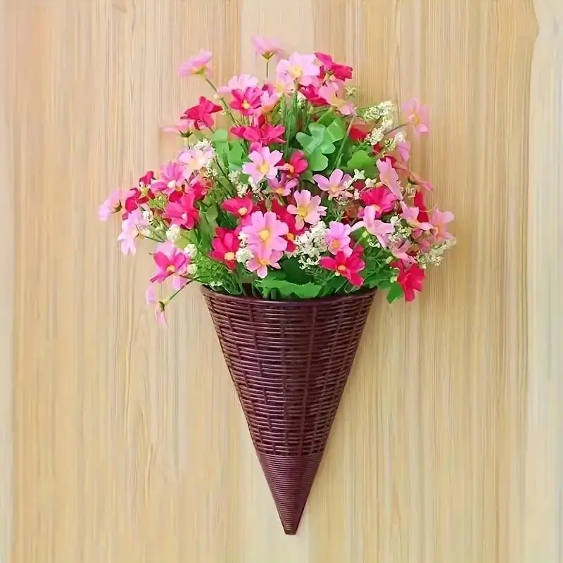 Brown Wall Hanging Cone Planters Imitation Rattan Weave Vintage Farmhouse for Bedroom Wall Greenery Display Decor