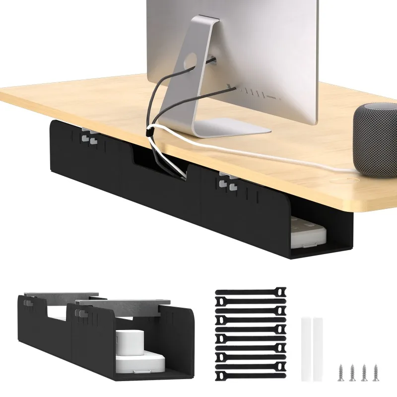Adjustable Under Desk Cable Tray with Power Strip Holder Cord Organizer for Home or Office Desk