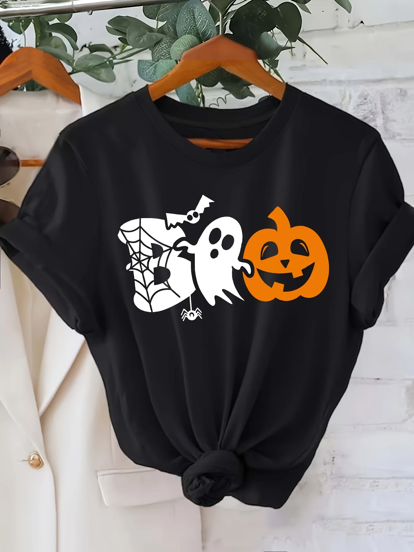 Feminino halloween manga curta tripulação pescoço casual com aranha fantasma abóbora impressão verão manga curta harajuku streetwear topos
