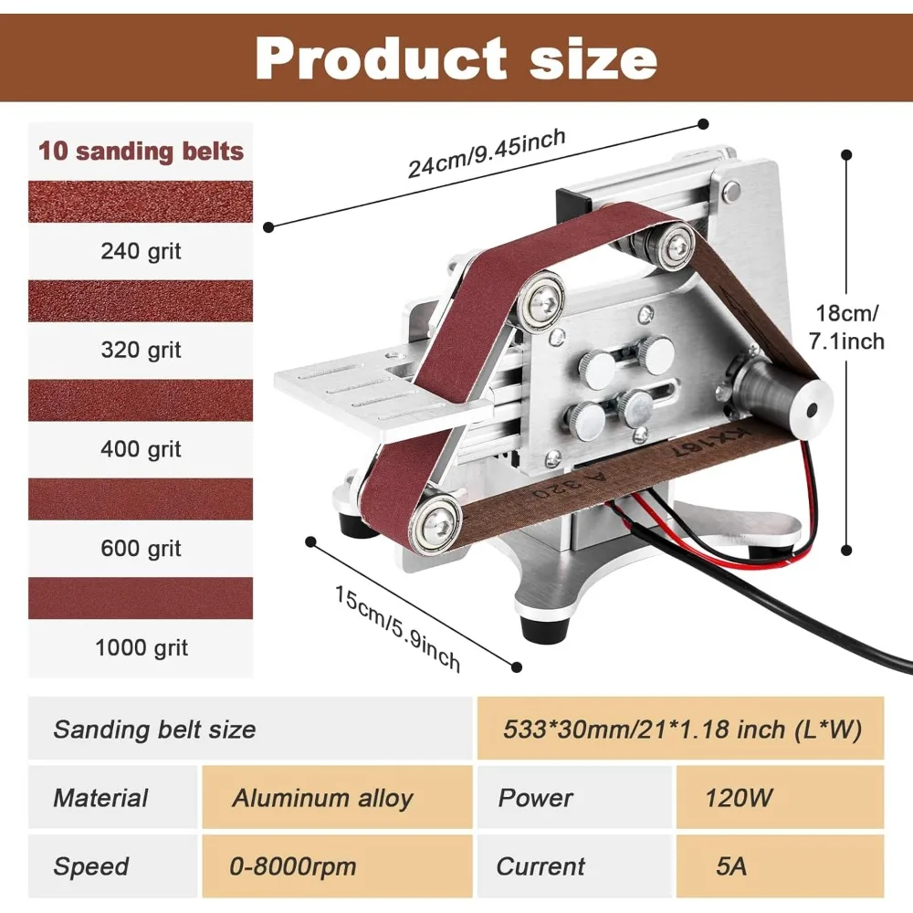 Electric Belt Sander Knife Sharpener 1.2 x 21-Inch with Variable Speed Control, Benchtop Sanding Belt Machine Diy Grinding Polis