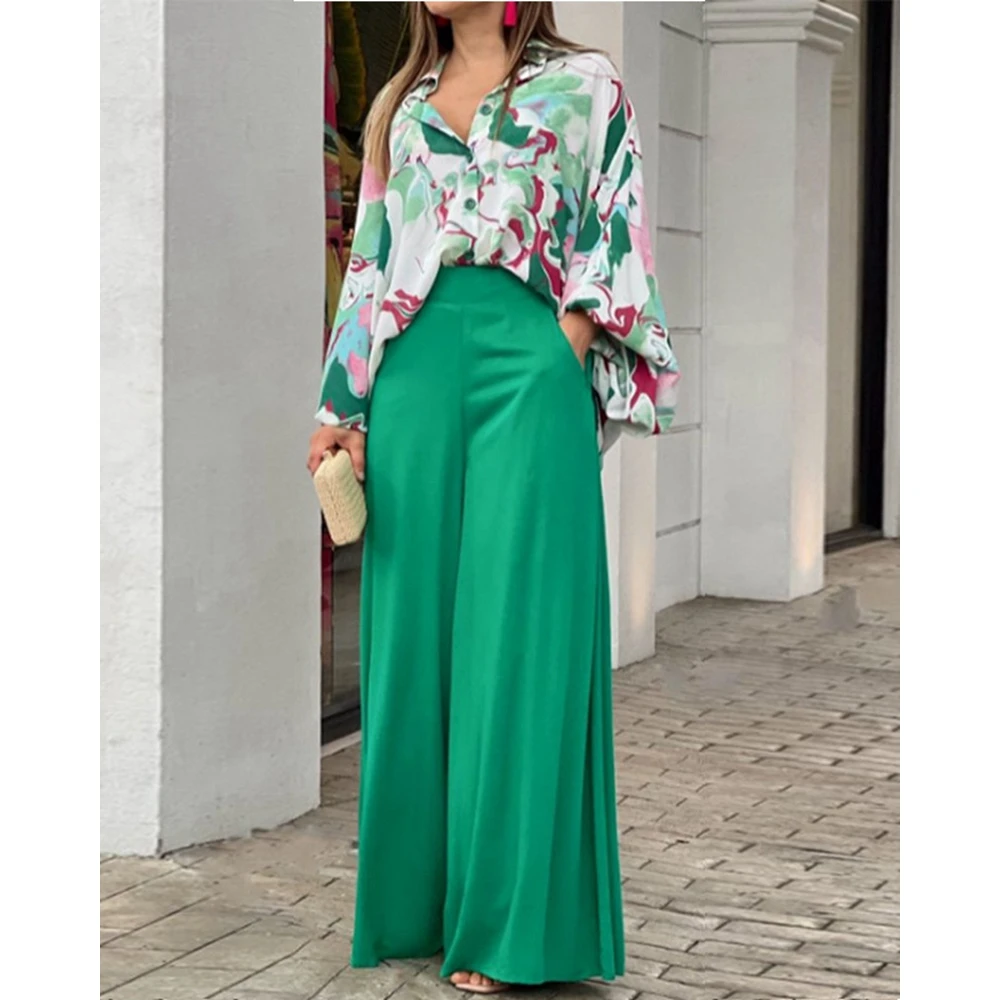 

Women Floral Print Long Sleeve Shirt Top & High Waist Wide Leg Pants Sets Casual Oversized 2 Pieces Korean Style Summer Outfits