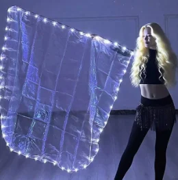 مراوح الرقص الشرقي المضيئة بإضاءة LED مكونة من قطعتين - أعلام متوهجة من القماش الأبيض مع مفتاح، دعائم خيالية للمراقصين والأداء والأزياء التنكرية