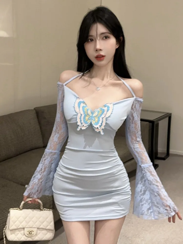 

Blue 3D Long Sleeve Lace Splicing Short Skirt Slim Fit Sexy Dress Women's Pure Desire Style Commute Simple Design
