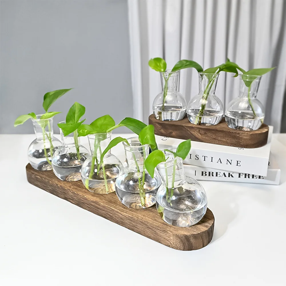 

Table Acrylic Vase with Wood Holder Tray Pothos Narcissus Small Fish Tank Transparent Bottles Decorative Aroma Fragrance Bottle