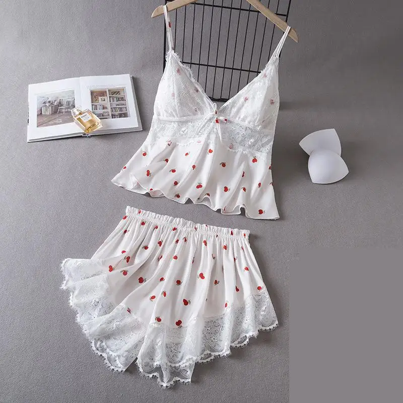 

Sexy Suspender Pajamas Set Women Strap Top&Shorts Suit Summer Lace Sleepwear Nightwear Intimate Lingerie Satin Home Wear Pijamas