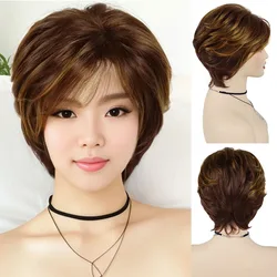 Mix Auburn Wig with Bang Synthetic Short Womens Wig Red Brown Natural Wigs Mother Gifts Casual Hairstyle Costume Layered Haircut