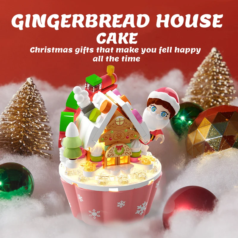 SEMBO Mini Christmas Tree Snowman Gingerbread House Cake Cup Light Building Blocks Home Decoration Bricks Toys For Girls Gifts