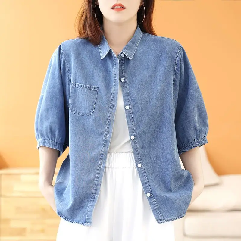 

Women Fashion Lapel Collar Single Breased Denim Blouses Female Casual Half Sleeve With Pockets Solid Jeans Shirts Tops