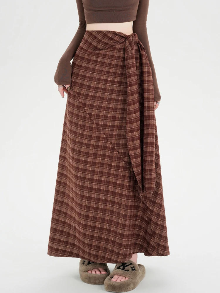 

Women's Plaid A-line Skirt Vintage Y2k Long Skirt Harajuku 90s Aesthetic Bandage Asymmetrical Skirts 2000s Clothes Autumn