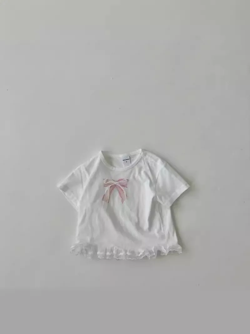 2024 Summer New Baby Girl Cute Bow Lace T Shirts Cotton Infant Toddler Short Sleeve Casual Tees Children Fashion Versatile Tops