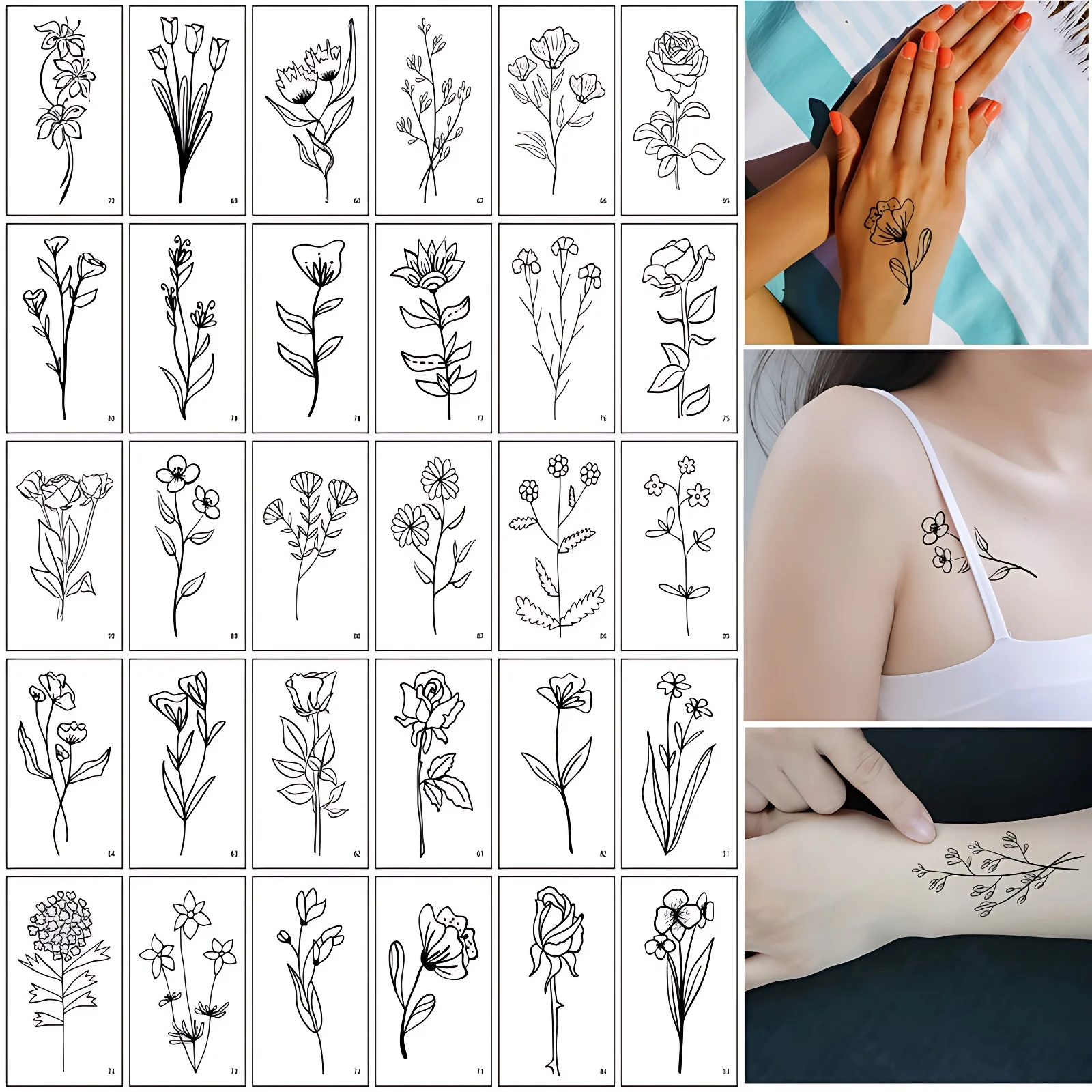30pcs/set Temporary Tattoos for Women Girls Wild Plants Sketch Rose Floral Black Small Fake Tatoo Stickers Hand Wrist Ankle Body