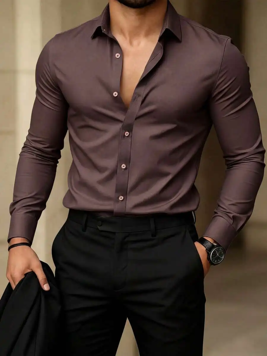 

Solid Color Long Sleeve Casual Shirt With Turn-Down Collar And Front Button Placket