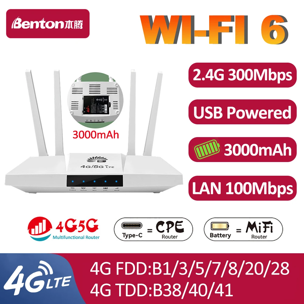 Benton WiFi6 4G enrutador SIM enrutador de viaje portátil USB alimentado por batería enrutador móvil 4G desbloqueado con ranura para tarjeta SIM LAN 16 usuarios
