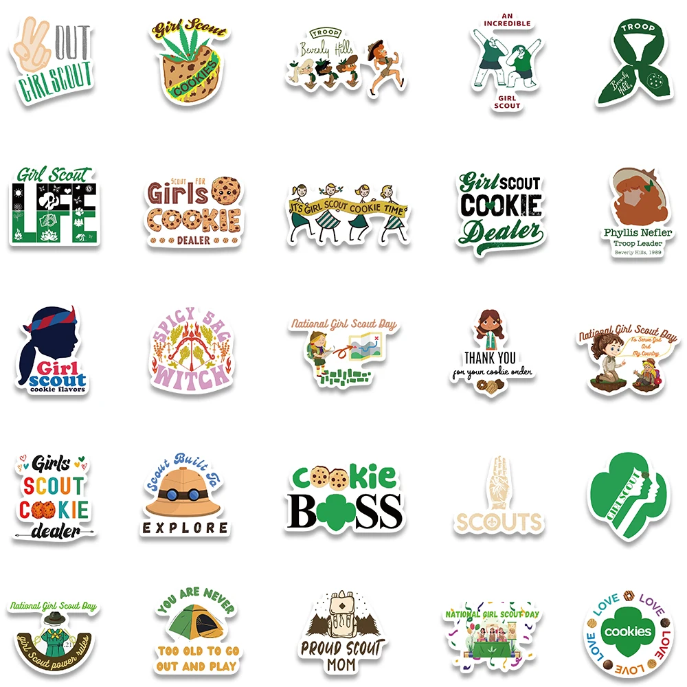 50PCS Green Cartoon Girl Scout Kawaii Y2K Stickers Aesthetic Motorcycle Travel Luggage Guitar Skateboard Gift Sticker