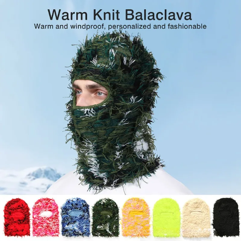 Hip Hop Balaclava New Distressed Knitted Caps Full Face Ski Mask Men Women Outdoor Camouflage Fuzzy Ski Balaclava Beanies Hat