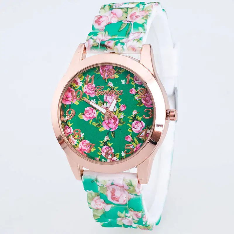 New Silicone Printed Flowers Wristwatch Women Casual Watch Quartz Analog Fashion Watches Girls