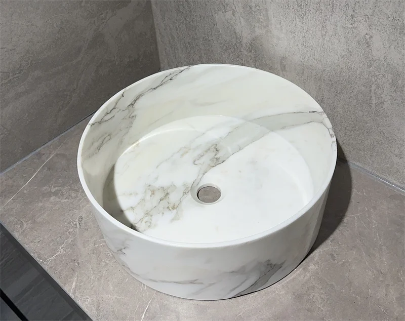#￥Modern Design White Marble Sinks Calacatta Round Washbasin for Hotel, Apartment and Villa Bathroom Vanity Use