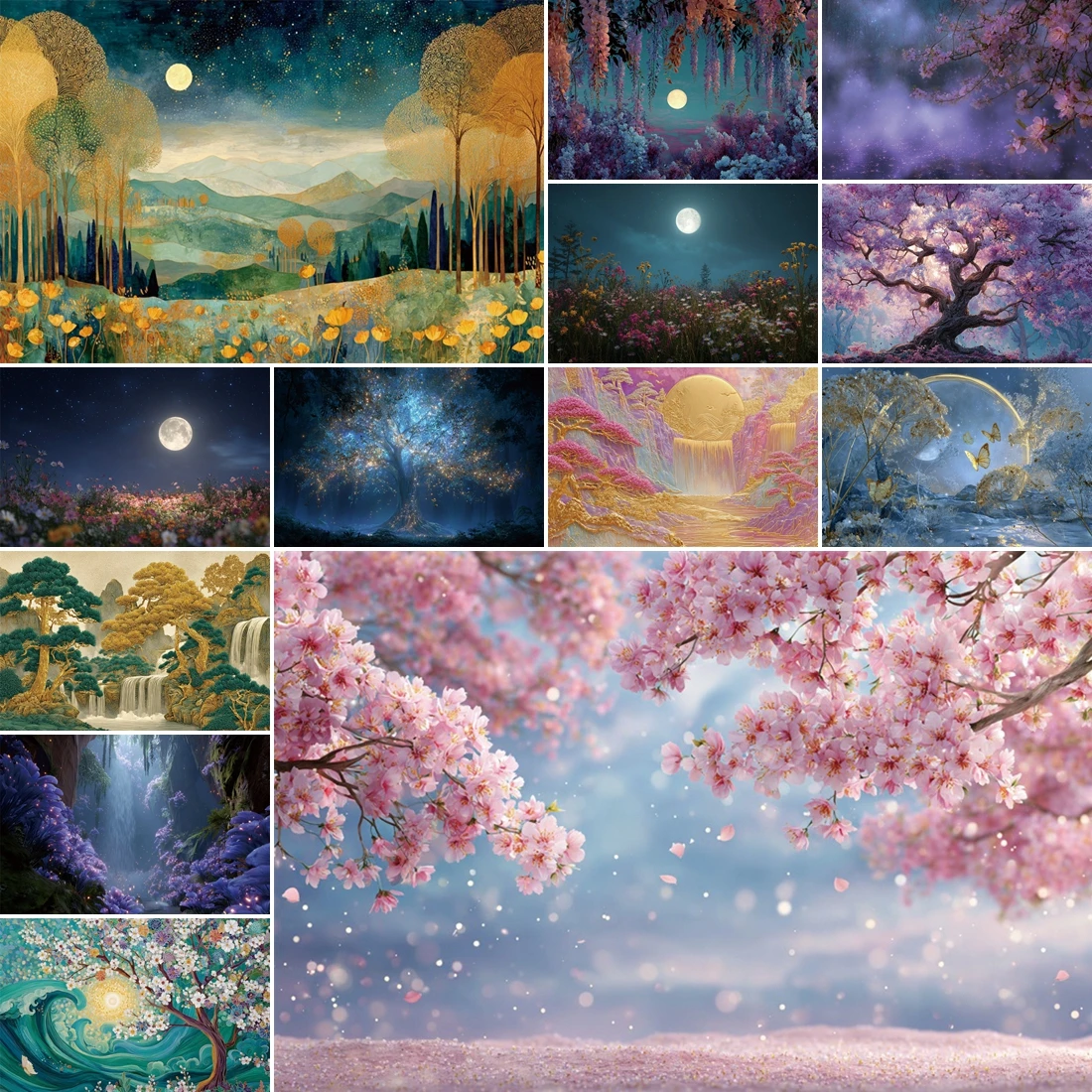 

MOON.QG Oil Painting Landscape Photo Background Colorful Mountain Waterfall Misty Backdrops For Photography Decor Poster Studio