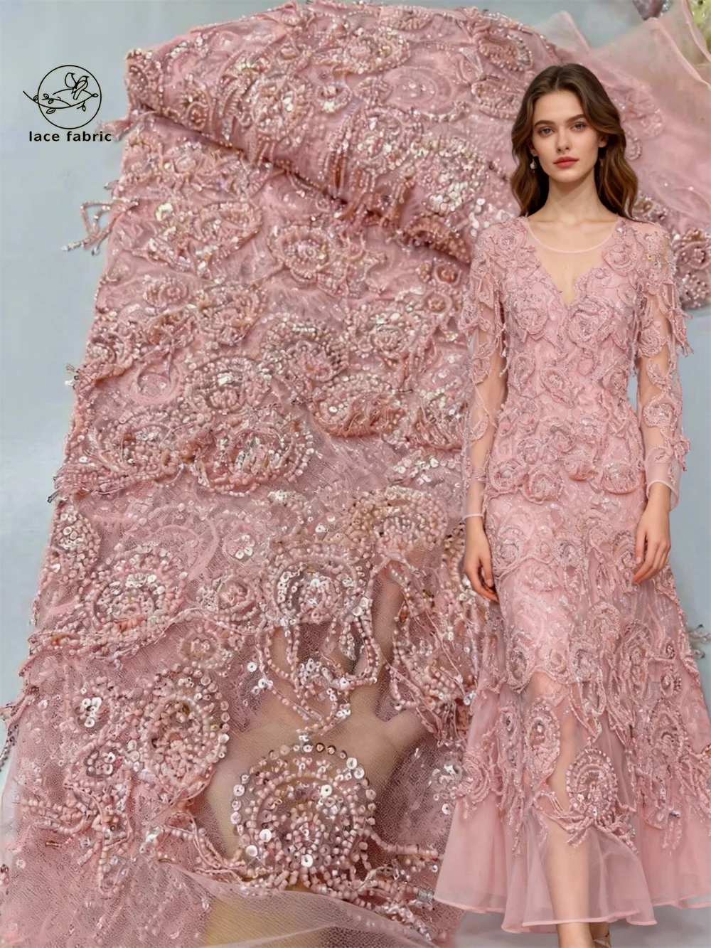 

Tassel 5 Yards Luxury High-end Beaded Fabric Heavy Sequins Embroidery Fabric Fashion French Tulle Mesh Lace Fabric for Wedding